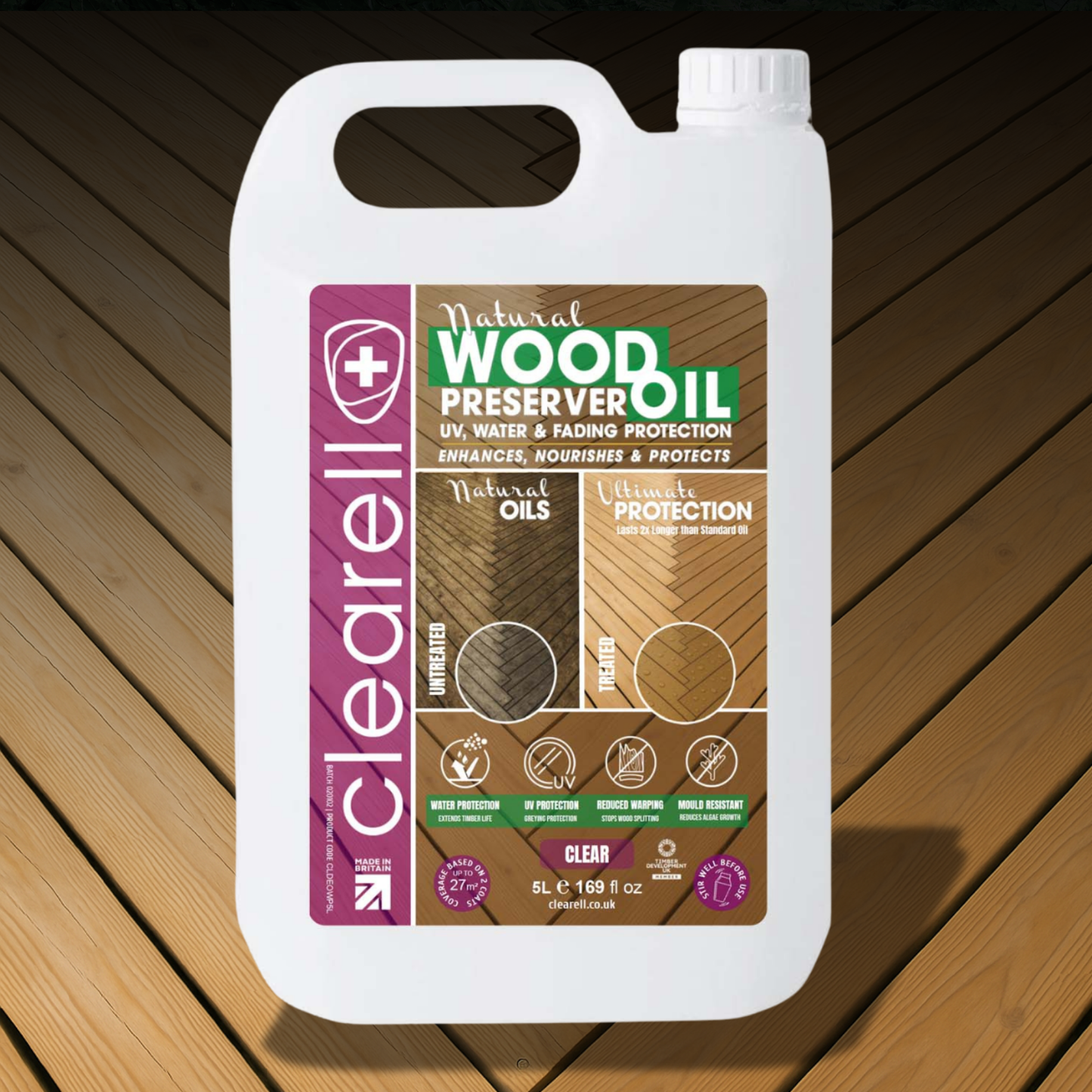 Clearell 5L - 100L | WOOD PRESERVER OIL | Clear – Water, UV, Mould Protection for All Outdoor Wood - Natural Oil Sealer & Preserver for All Cedar, Decking, Fences, Sheds & Furniture in litres