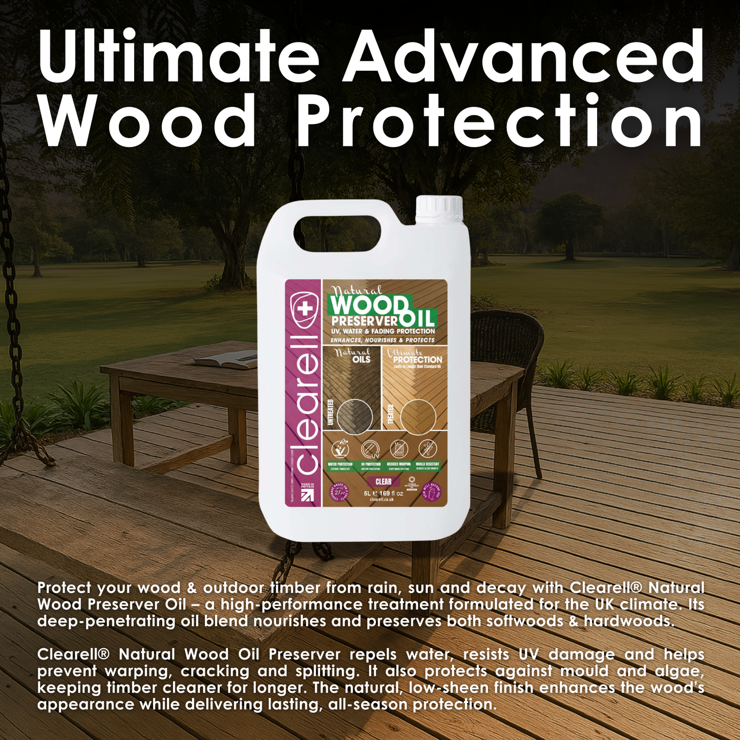 Clearell 5L - 100L | WOOD PRESERVER OIL | Clear – Water, UV, Mould Protection for All Outdoor Wood - Natural Oil Sealer & Preserver for All Cedar, Decking, Fences, Sheds & Furniture in litres