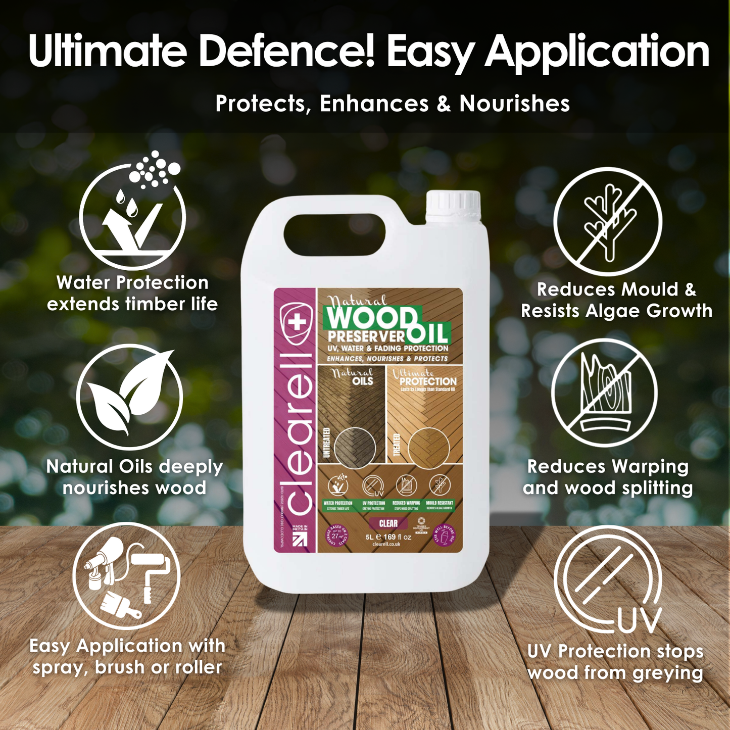 Clearell 5L - 100L | WOOD PRESERVER OIL | Clear – Water, UV, Mould Protection for All Outdoor Wood - Natural Oil Sealer & Preserver for All Cedar, Decking, Fences, Sheds & Furniture in litres