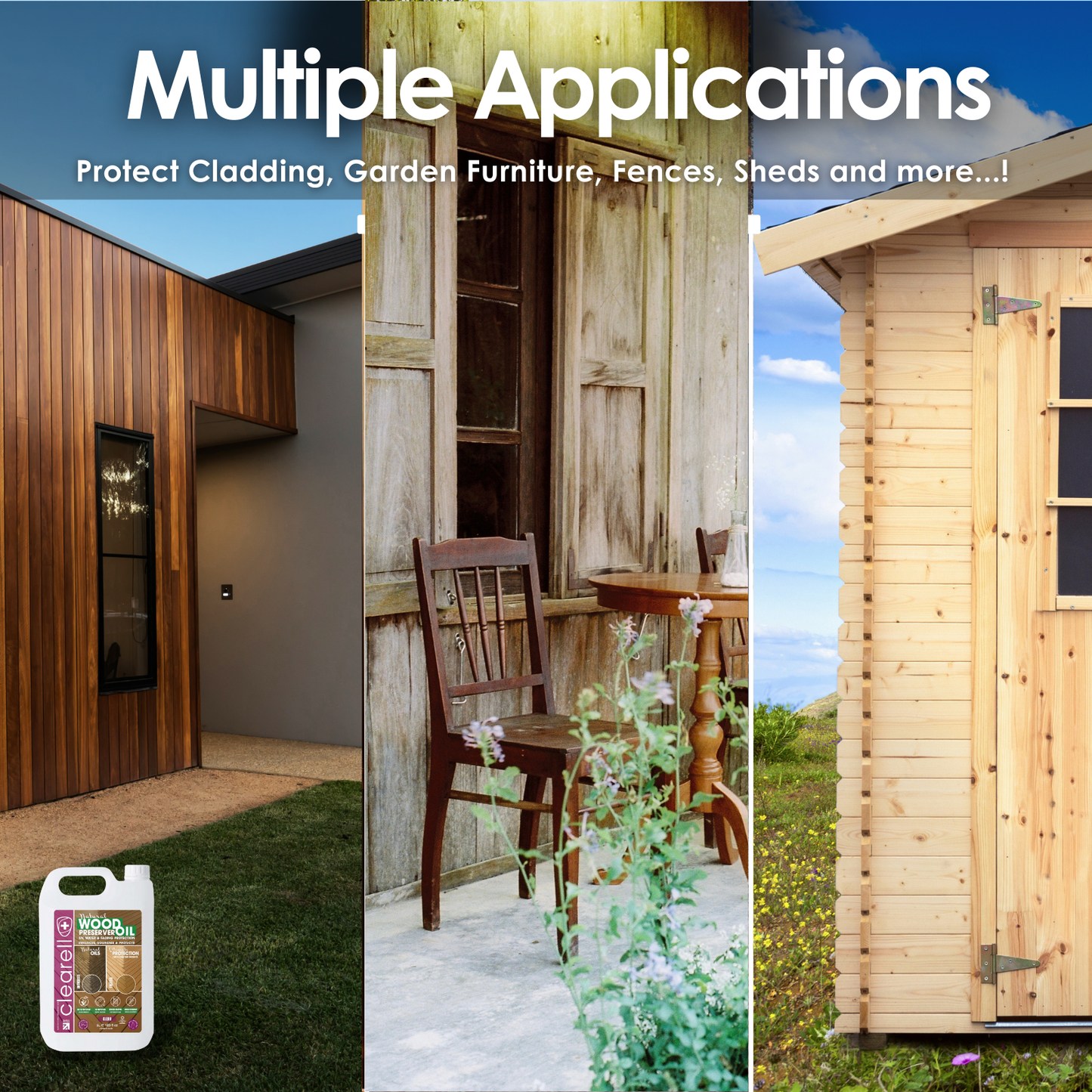 Clearell 5L - 100L | WOOD PRESERVER OIL | Clear – Water, UV, Mould Protection for All Outdoor Wood - Natural Oil Sealer & Preserver for All Cedar, Decking, Fences, Sheds & Furniture in litres