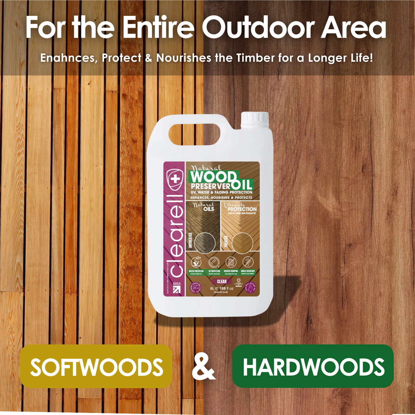 Clearell 5L - 100L | WOOD PRESERVER OIL | Clear – Water, UV, Mould Protection for All Outdoor Wood - Natural Oil Sealer & Preserver for All Cedar, Decking, Fences, Sheds & Furniture in litres