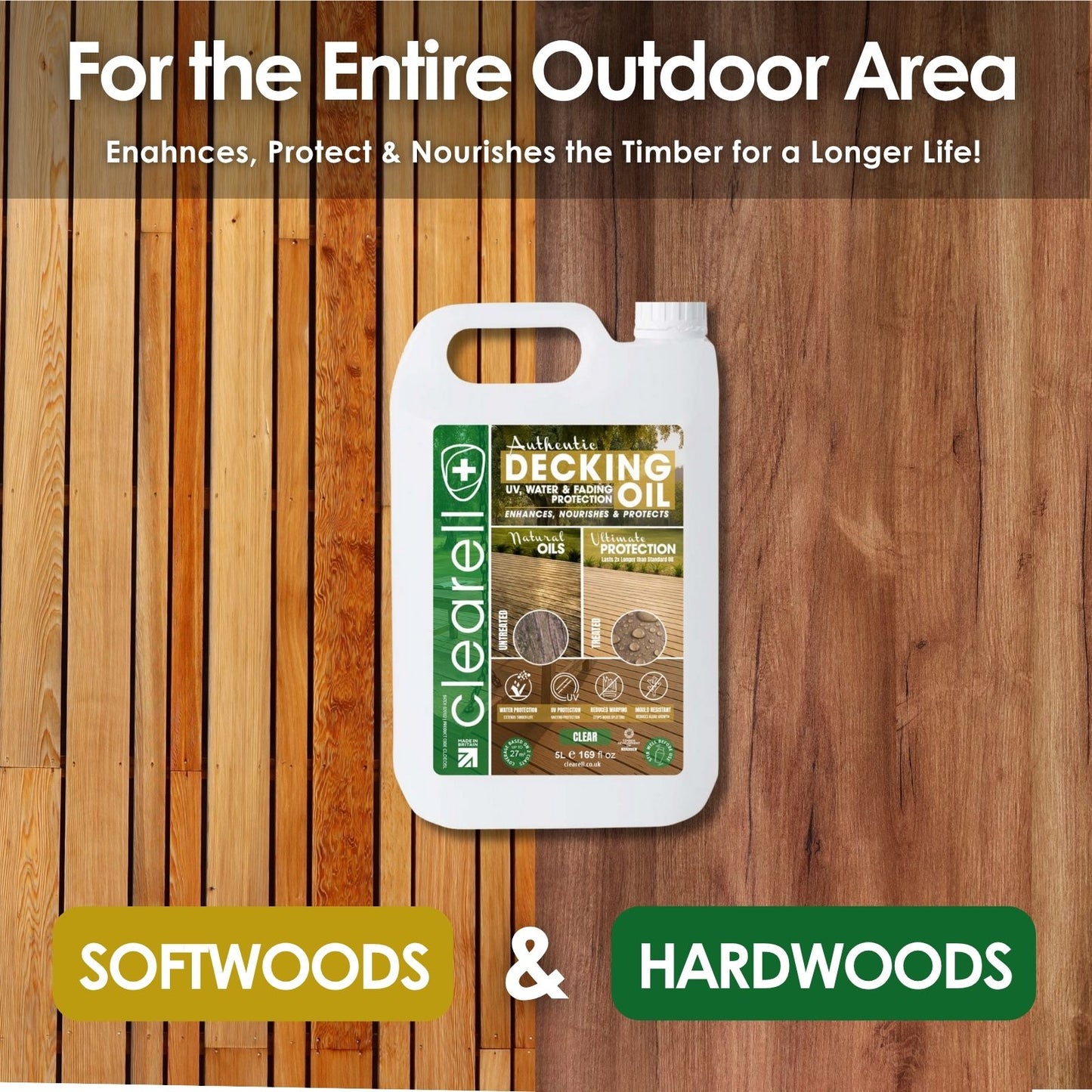 Clearell 5L - 100L | DECKING OIL | Nourishes & UV Protects Outdoor Wood - Mould Protection, Water Protection Sealer & Preserver Suitable for All Decking, Fences, Sheds & Furniture - Softwood & Hardwood in Litres