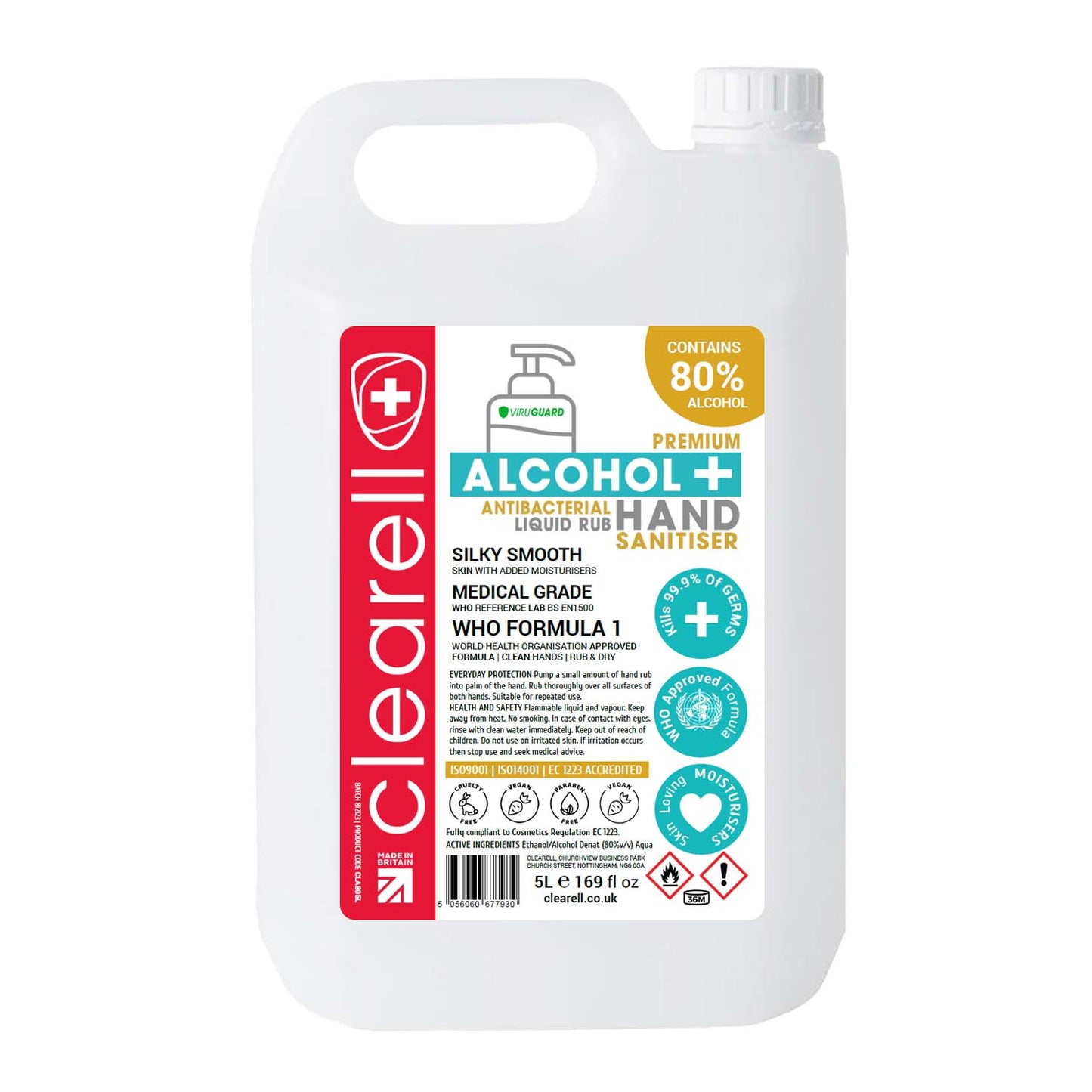 Clearell 5L | HAND SANITISER | 80% ALCOHOL WHO Formula Liquid RUB 5 Litres