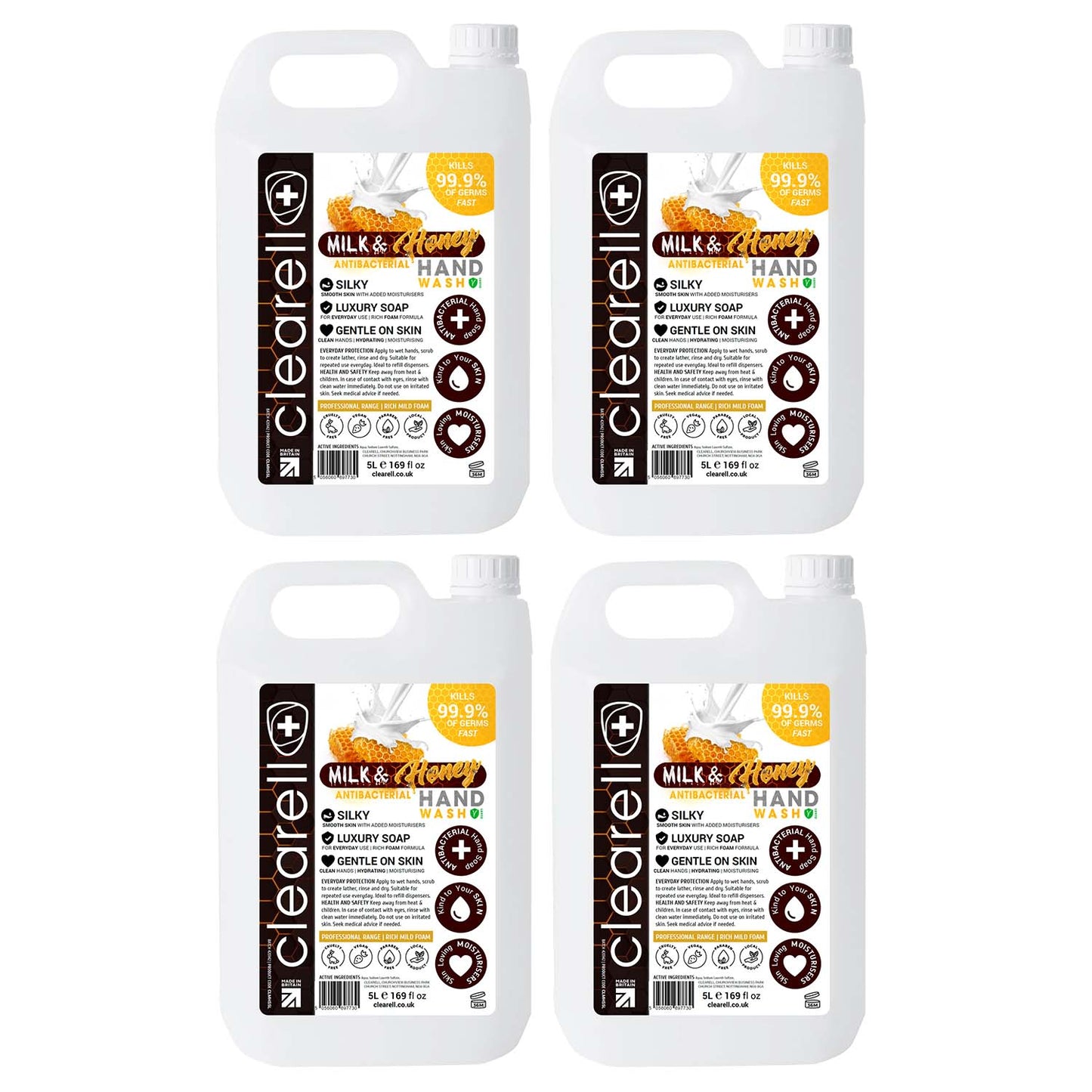 Clearell 20L | MILK & HONEY | 4 x 5L Pack | Luxury Hand Soap Liquid Wash 20 Litre