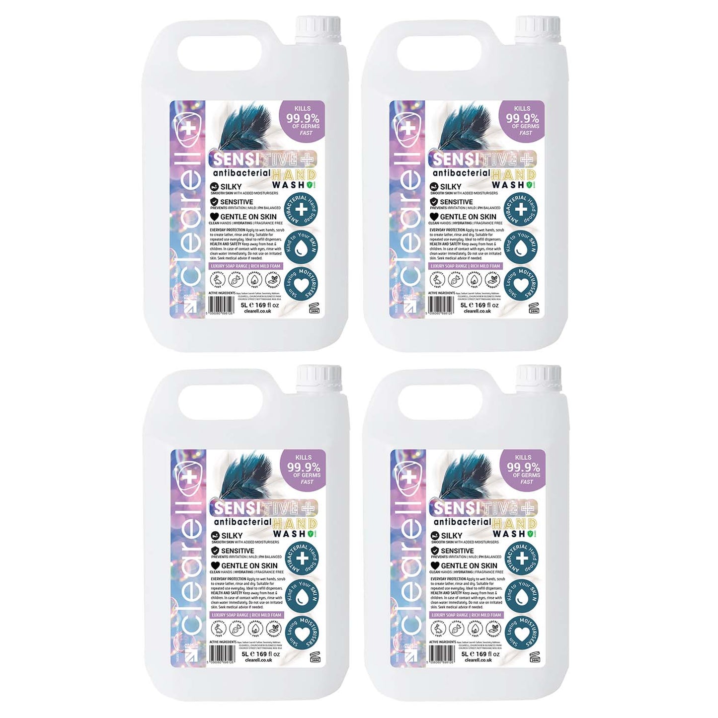 Clearell 20L | SENSITIVE | 4 x 5L Pack | Non Irritating Hand Soap Liquid 20 Litre