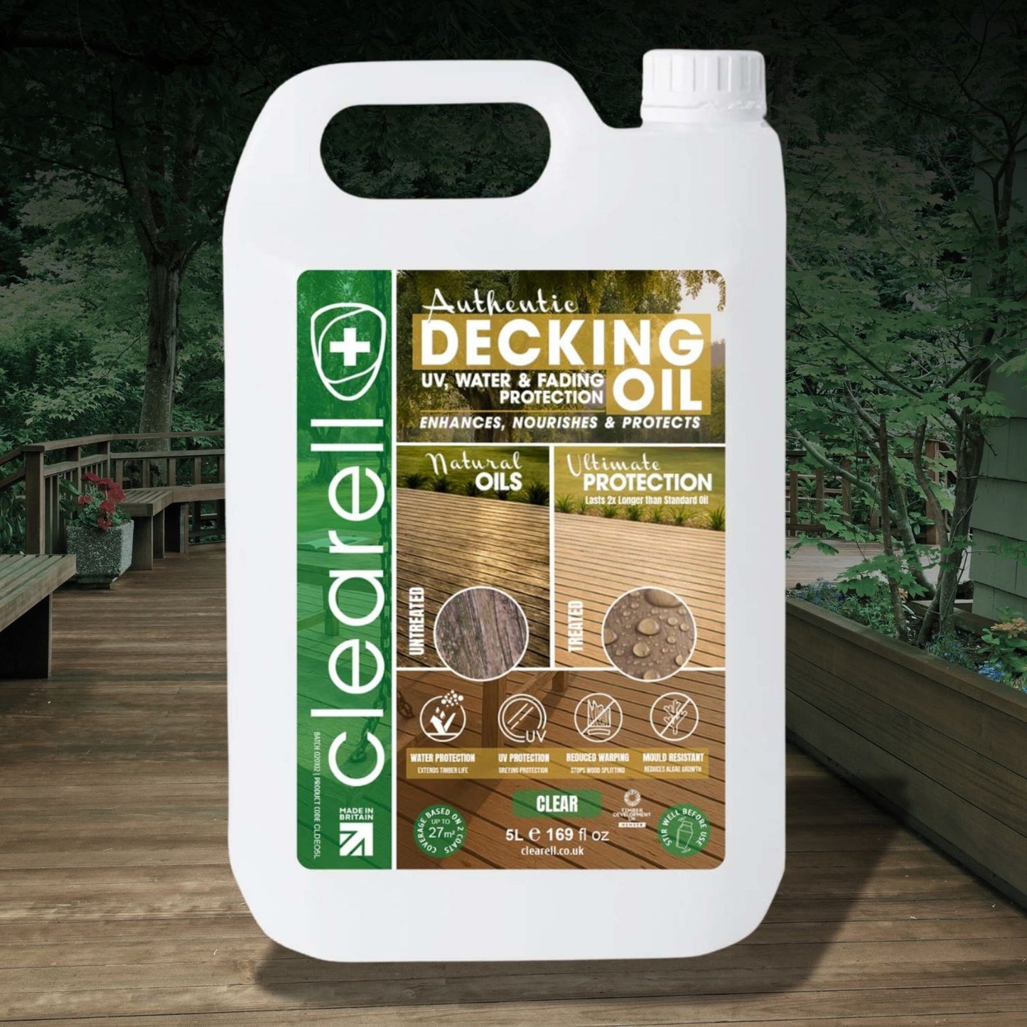Clearell 5L - 100L | DECKING OIL | Nourishes & UV Protects Outdoor Wood -  Mould Protection, Water Protection Sealer & Preserver Suitable for All Decking, Fences, Sheds & Furniture - Softwood & Hardwood in Litres