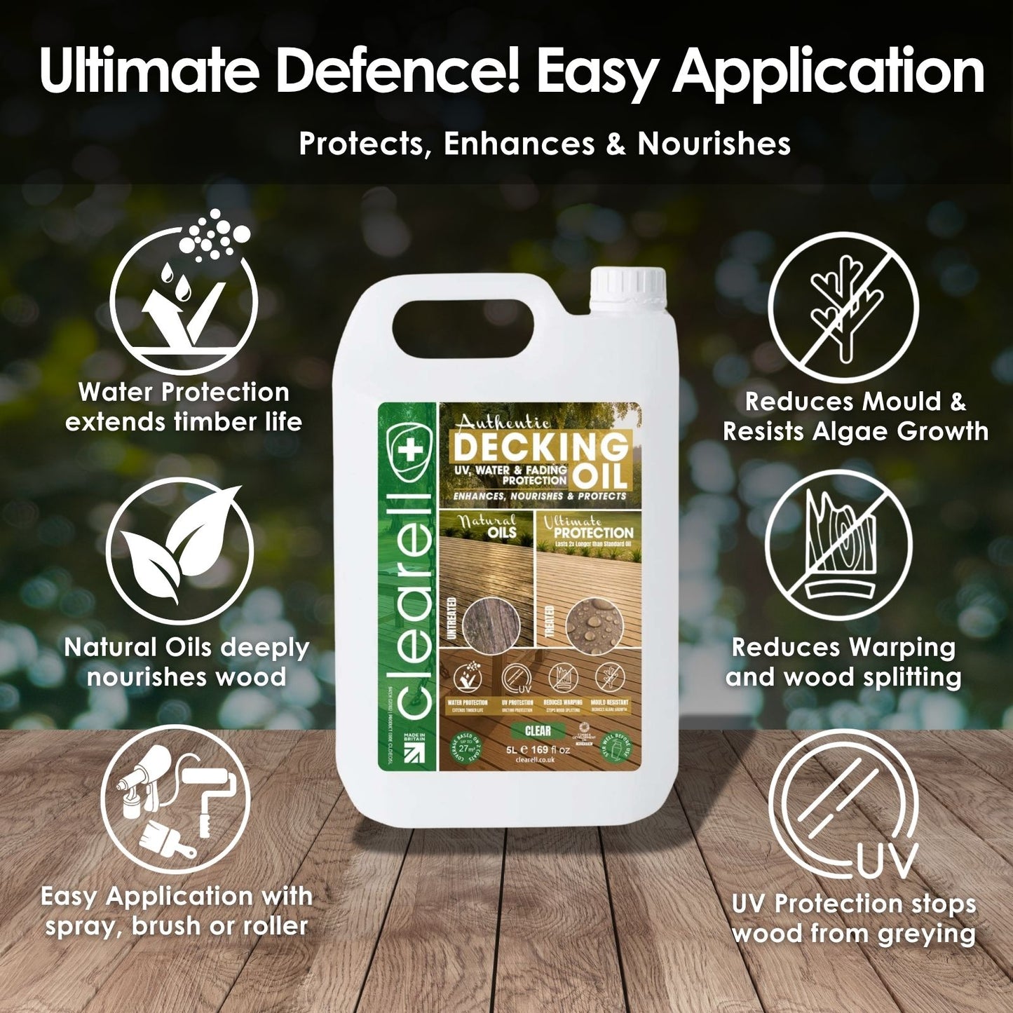 Clearell 5L - 100L | DECKING OIL | Nourishes & UV Protects Outdoor Wood -  Mould Protection, Water Protection Sealer & Preserver Suitable for All Decking, Fences, Sheds & Furniture - Softwood & Hardwood in Litres