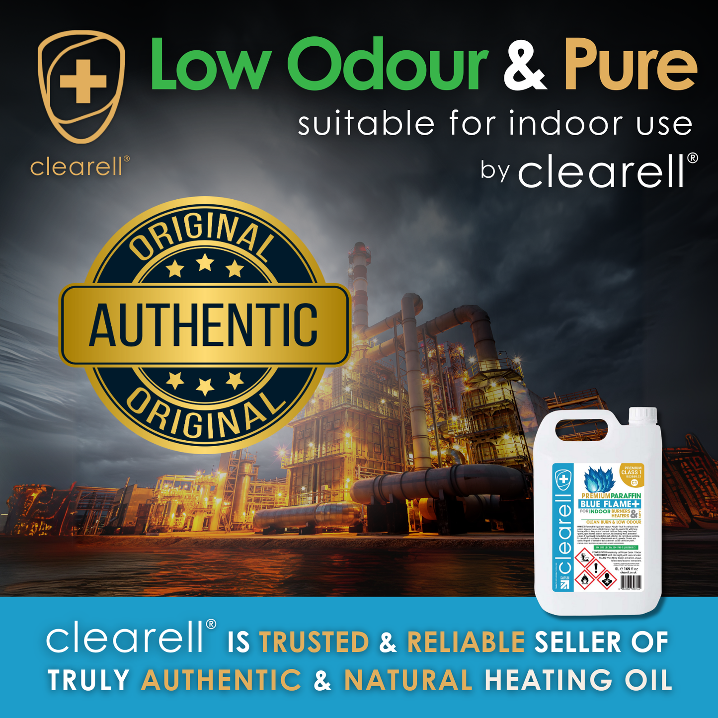 Clearell 4L to 200L | BLUE FLAME Premium Class 1 | True Blue Indoor Heater Lamp Oil in Litres | BS2869C1