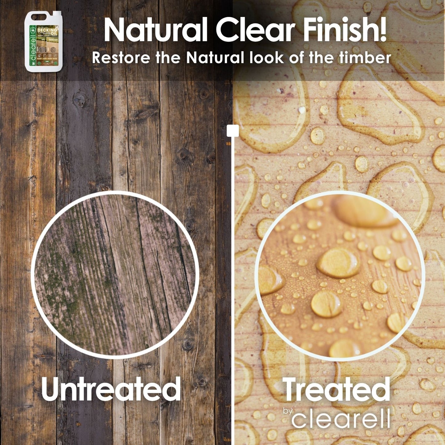 Clearell 5L - 100L | DECKING OIL | Nourishes & UV Protects Outdoor Wood -  Mould Protection, Water Protection Sealer & Preserver Suitable for All Decking, Fences, Sheds & Furniture - Softwood & Hardwood in Litres