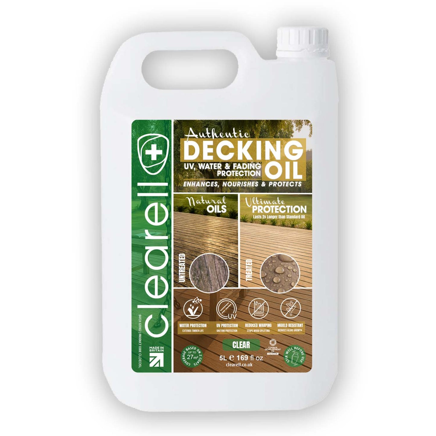 Clearell 5L - 100L | DECKING OIL | Nourishes & UV Protects Outdoor Wood -  Mould Protection, Water Protection Sealer & Preserver Suitable for All Decking, Fences, Sheds & Furniture - Softwood & Hardwood in Litres
