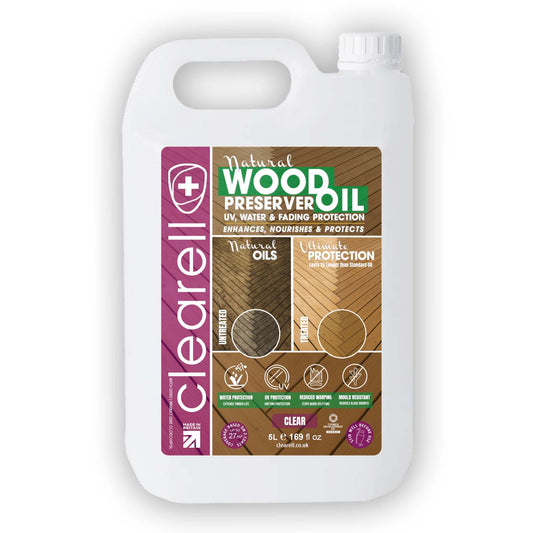 Clearell 5L - 100L | WOOD PRESERVER OIL | Clear – Water, UV, Mould Protection for All Outdoor Wood - Natural Oil Sealer & Preserver for All Cedar, Decking, Fences, Sheds & Furniture in litres