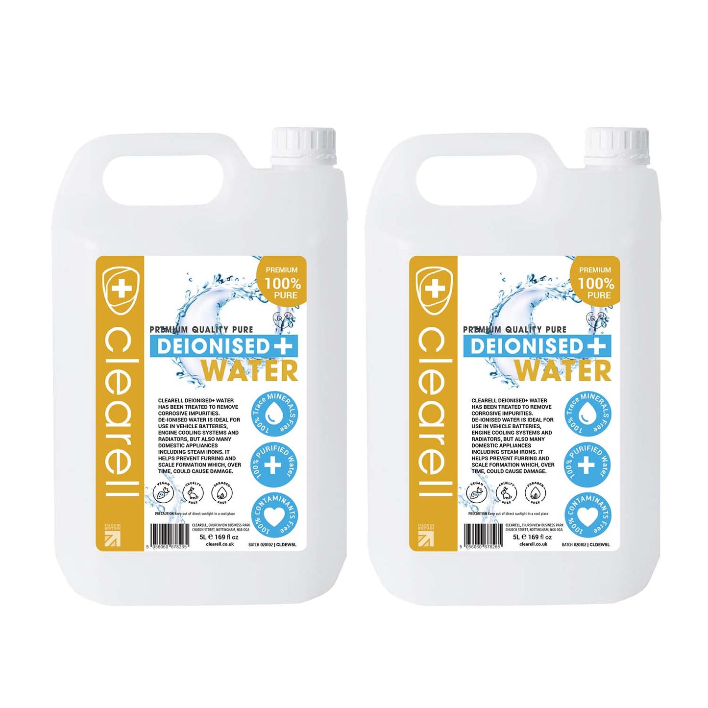 Clearell 5L - 100L | DEIONISED Water | Premium 100% UltraPure Water | For Steam Anti Limescale Irons Battery | In Litres