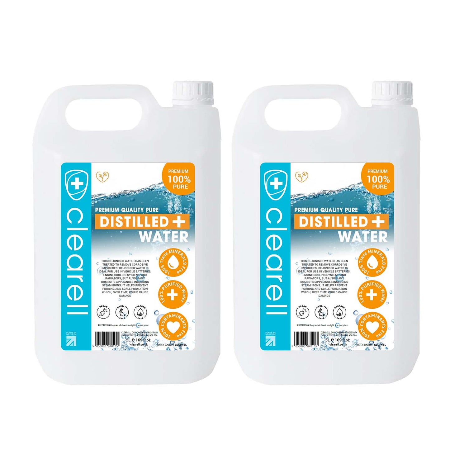 Clearell 5L - 100L | DEMINERALISED Water | Premium 100% UltraPure Water | Reduces Limescale Steam Irons | In Litres