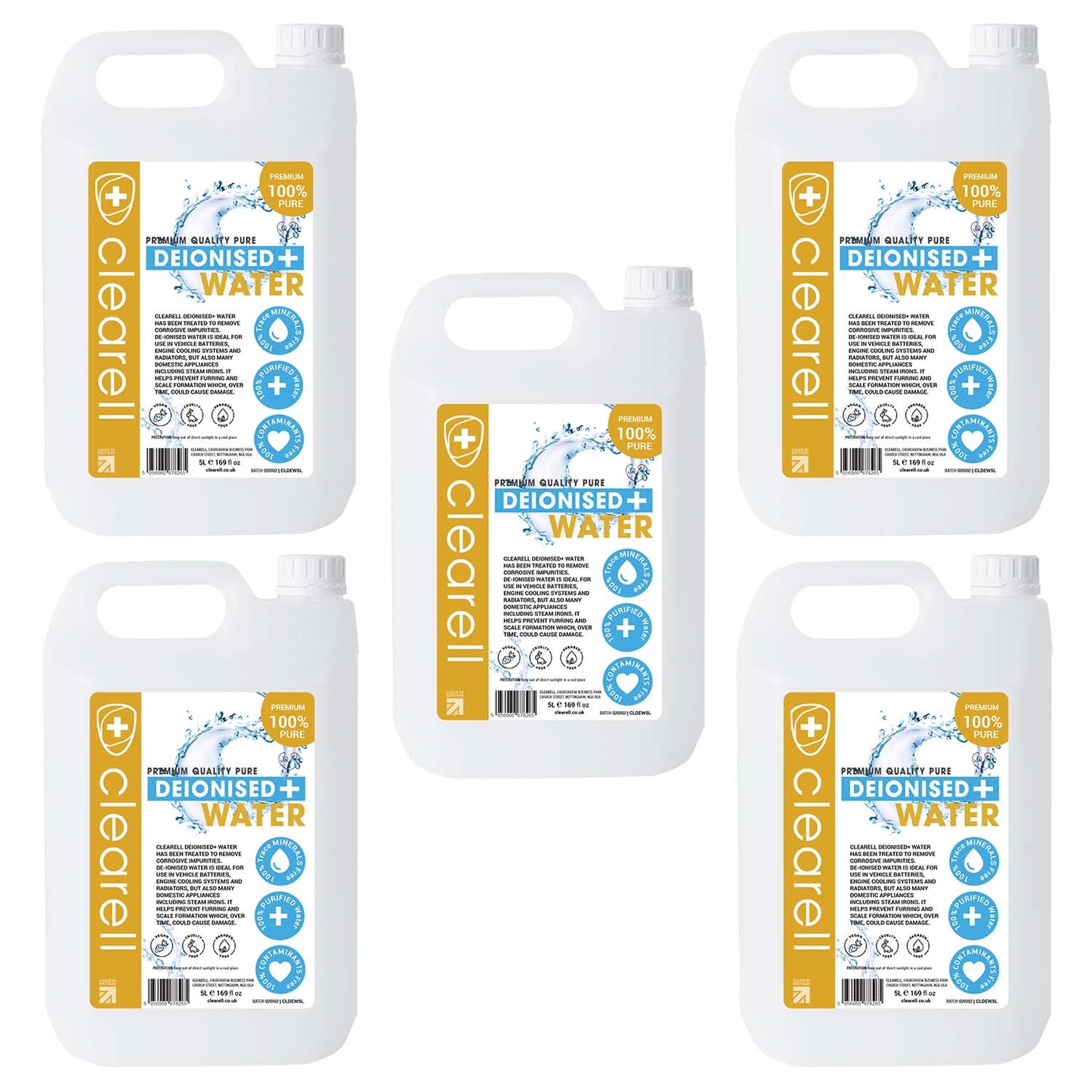 Clearell 5L - 100L | DEIONISED Water | Premium 100% UltraPure Water | For Steam Anti Limescale Irons Battery | In Litres