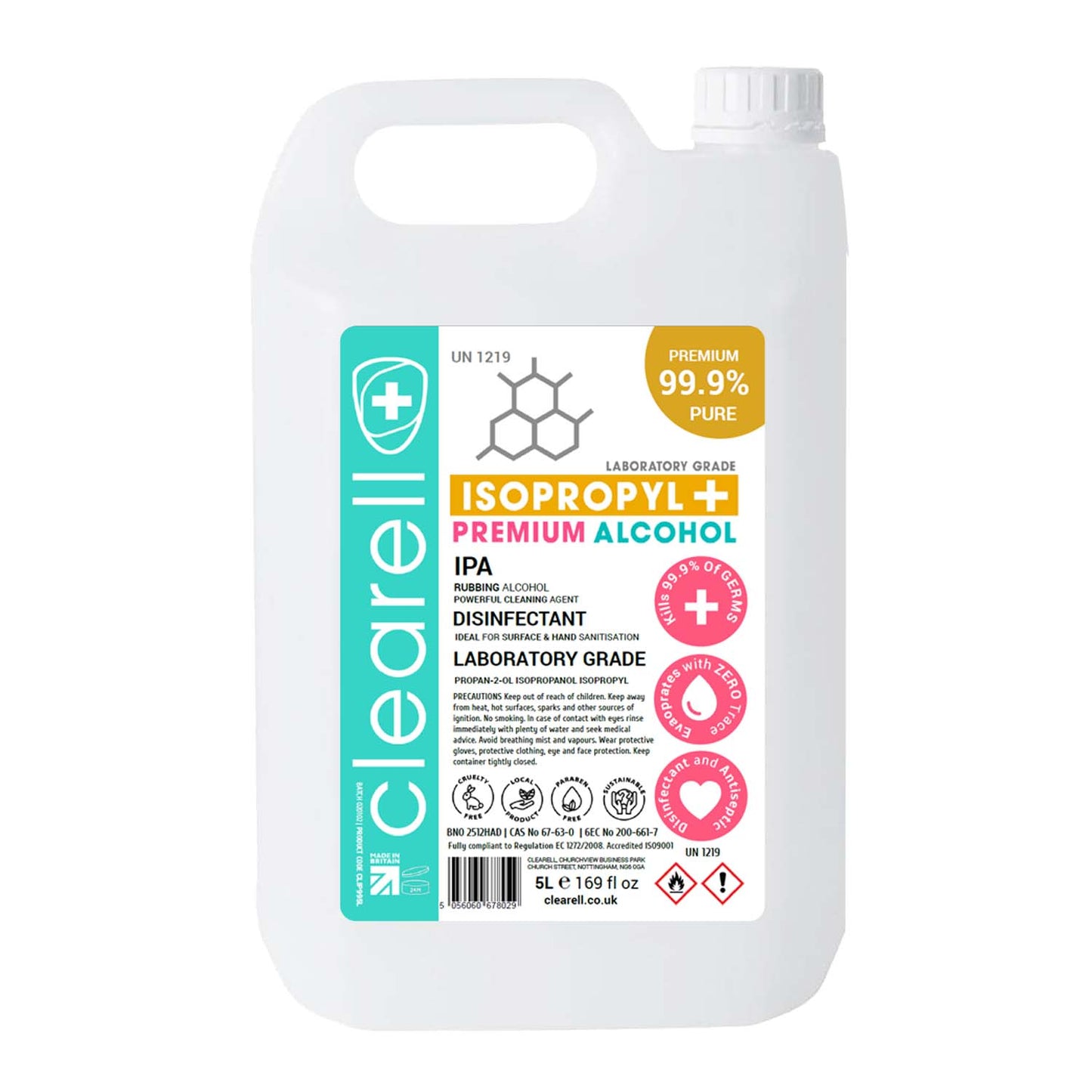 Clearell 5L -100L | IPA ISOPROPYL | 99.9% Lab Grade Isopropanol Rubbing Alcohol | In Litres