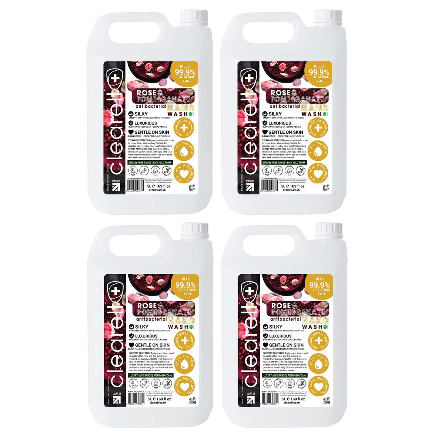 Clearell 20L | ROSE & POMEGRANATE | 4 x 5L Pack | Hand Soap Liquid Wash 20 Litre